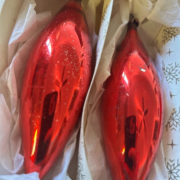 Vintage Red Teardrop Icicle Blown Glass Christmas Ornaments Set of 6 Boxed Xmas - Picture 3 of 5